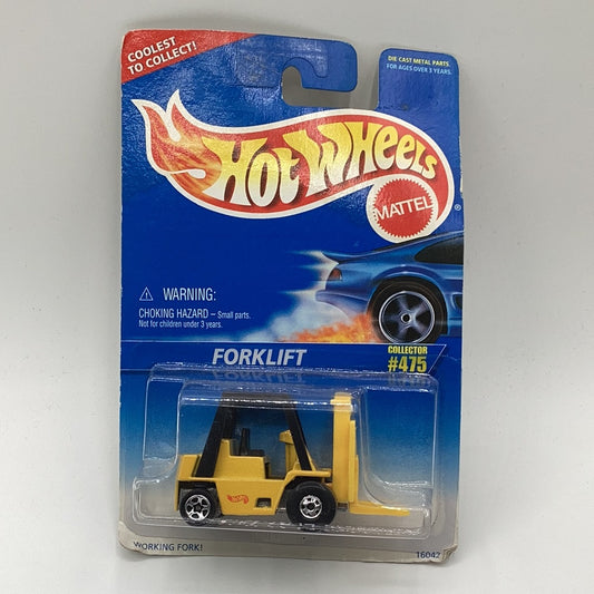 1995 Hot Wheels Blue/White Card #475 FORKLIFT Yellow/Black w/Chrome 5 & BW Spoke