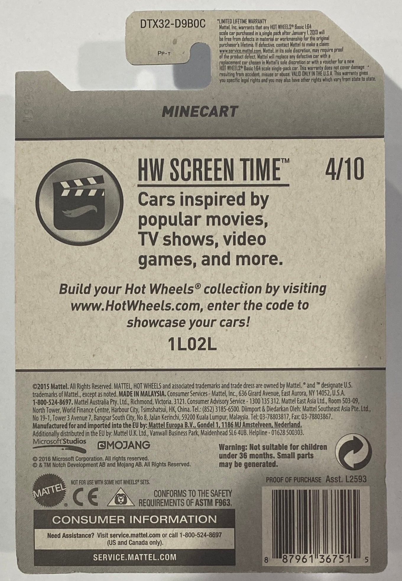 2016 Hot Wheels "Hot Wheels Screen Time" 4/10 Minecraft Minecart Die-Cast Toy | Condition is *BRAND NEW*